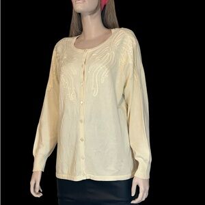 Bob Mackie Wearable Art Cardigan Sweater Sequins Scroll Detail Cotton Rayon